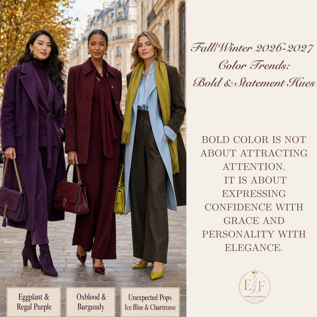 Elegant woman wearing oxblood and regal purple Fall Winter 2026 fashion